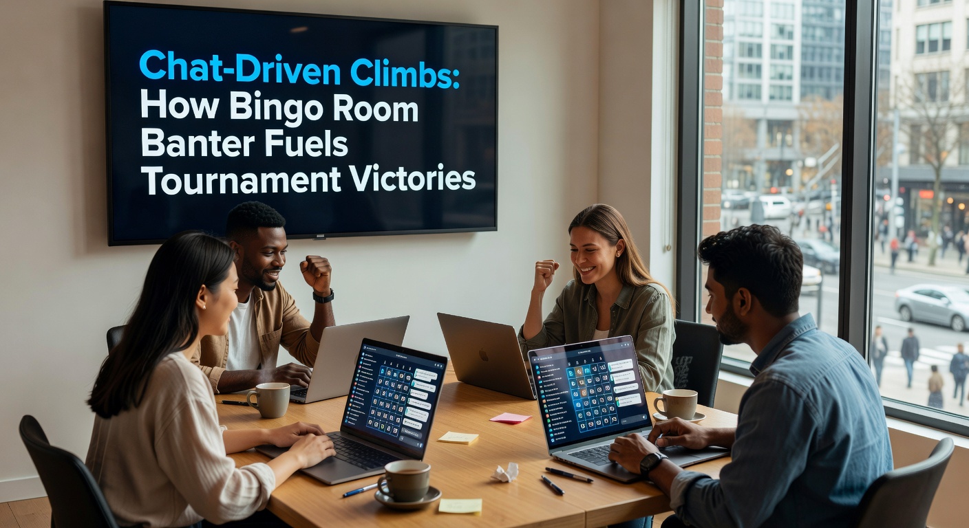 Players chatting animatedly in an online bingo room during a high-stakes tournament, with chat bubbles filled with strategy tips and encouragement overlaying colorful bingo cards