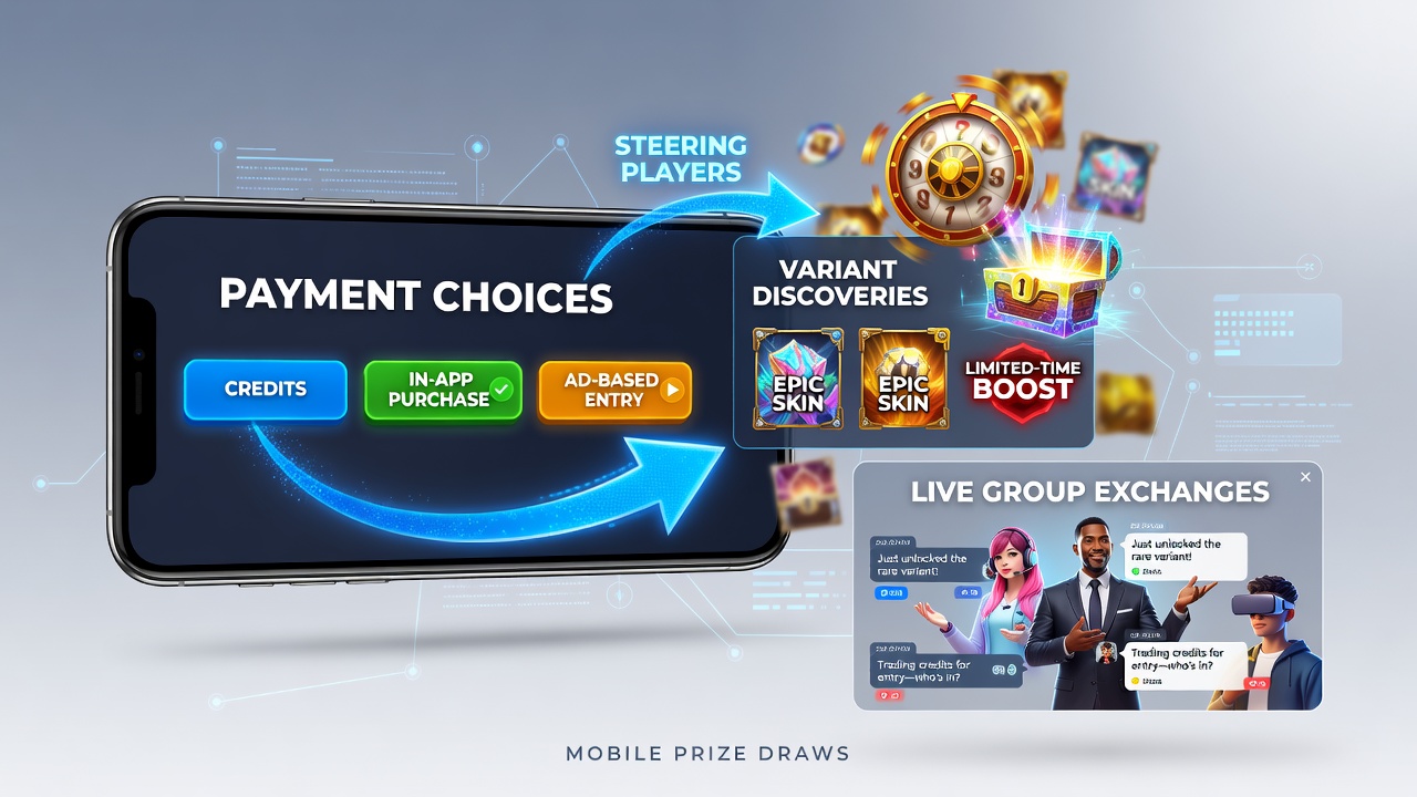 Mobile payment interfaces displayed on smartphones during live prize draw sessions with group chat features active